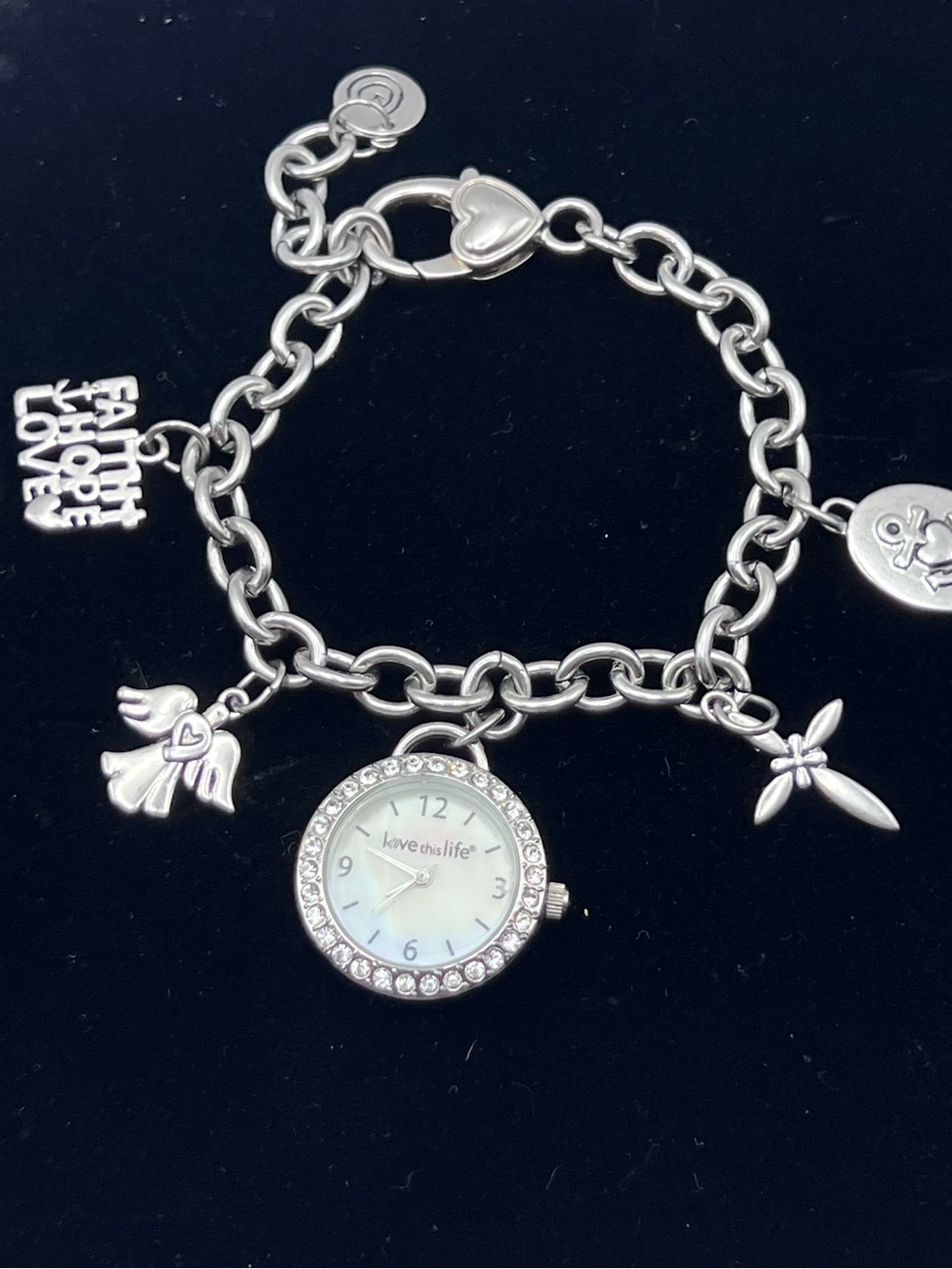 Love This Life Silver Charm Watch Bracelet - Mother of Pearl Dial